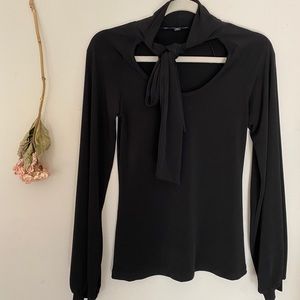 Express Black Long-Sleeve Blouse w/ Necktie Detail